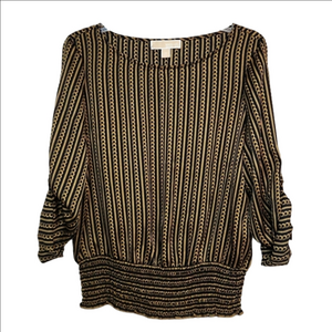 🔥FINAL💲⬇️MICHAEL Michael Kors Black/Gold Chain Print Smocked Top, Size M ~ EUC